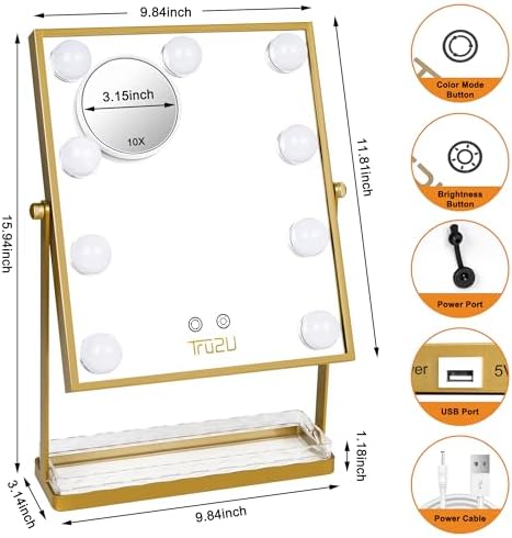 Adjustable - 10X Magnification LED Makeup Mirror with Storage