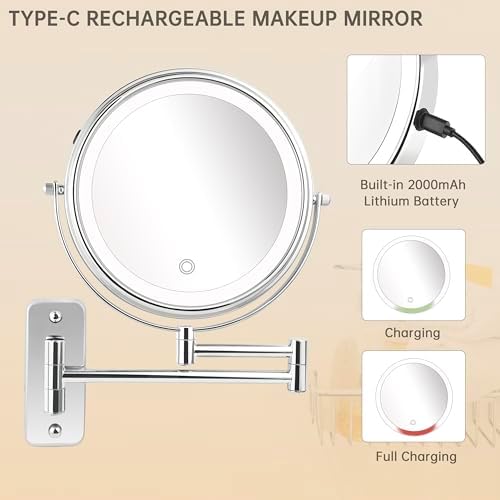JANEEVA 10X Wall-Mounted Makeup Mirror with Rechargeable Battery