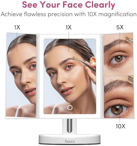 Fancii Rechargeable Trifold Makeup Mirror with 5X 10X Magnification