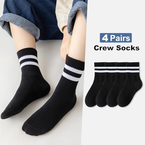 BONANGEL Kids Crew Socks 4 Pairs White Black