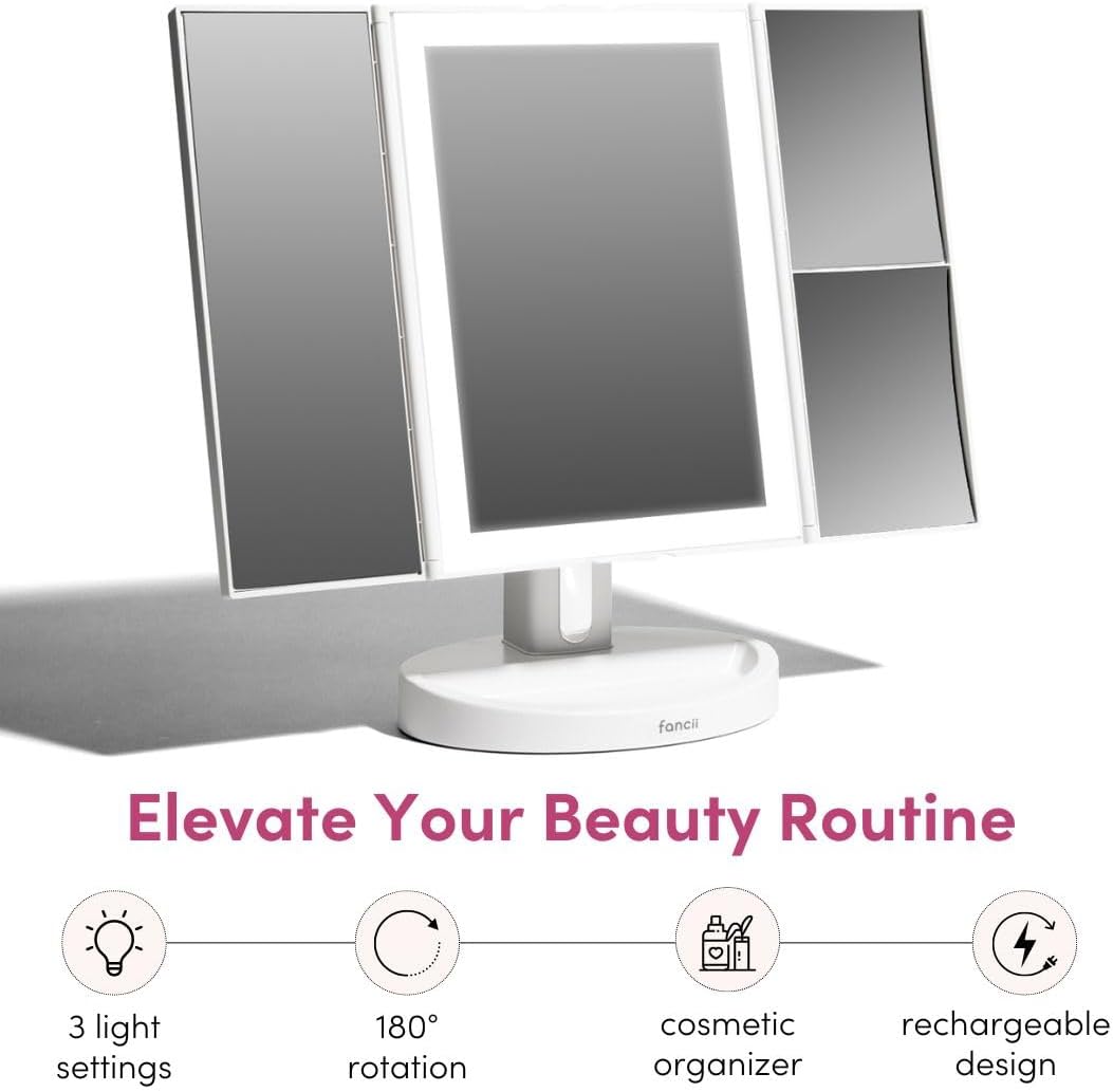Fancii Rechargeable Trifold Makeup Mirror with 5X 10X Magnification