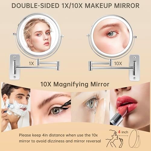 JANEEVA 10X Wall-Mounted Makeup Mirror with Rechargeable Battery