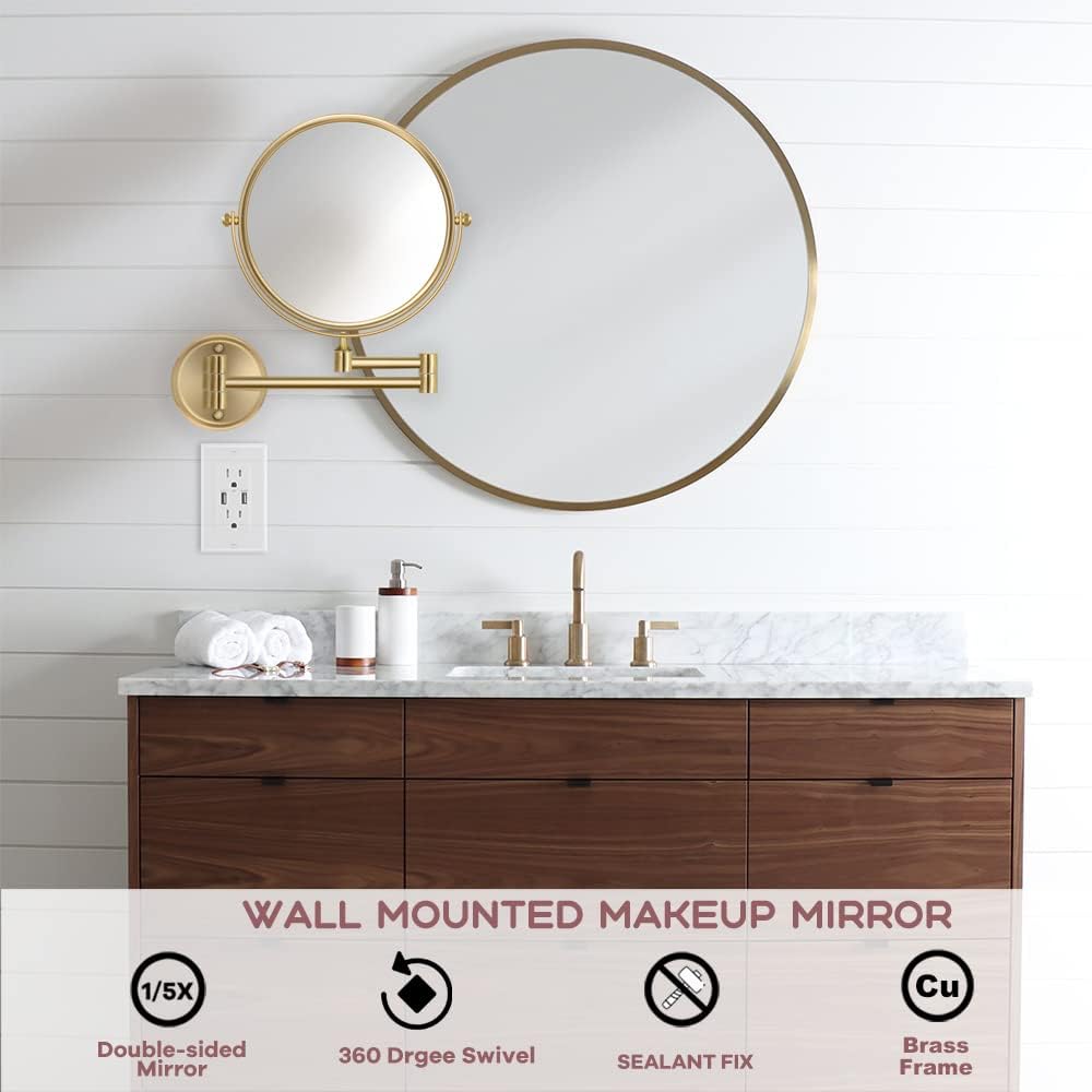 8-Inch Wall-Mounted Makeup Mirror with Gold Finish