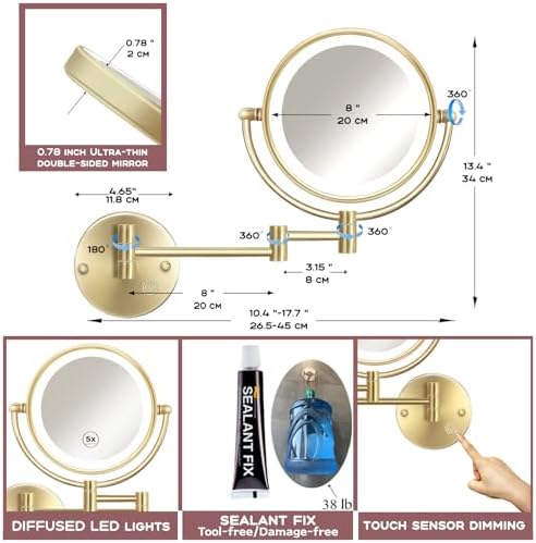 Lighted Double-Sided 15X Gold Makeup Mirror