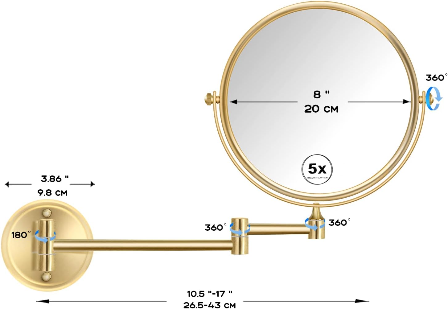 8-Inch Wall-Mounted Makeup Mirror with Gold Finish