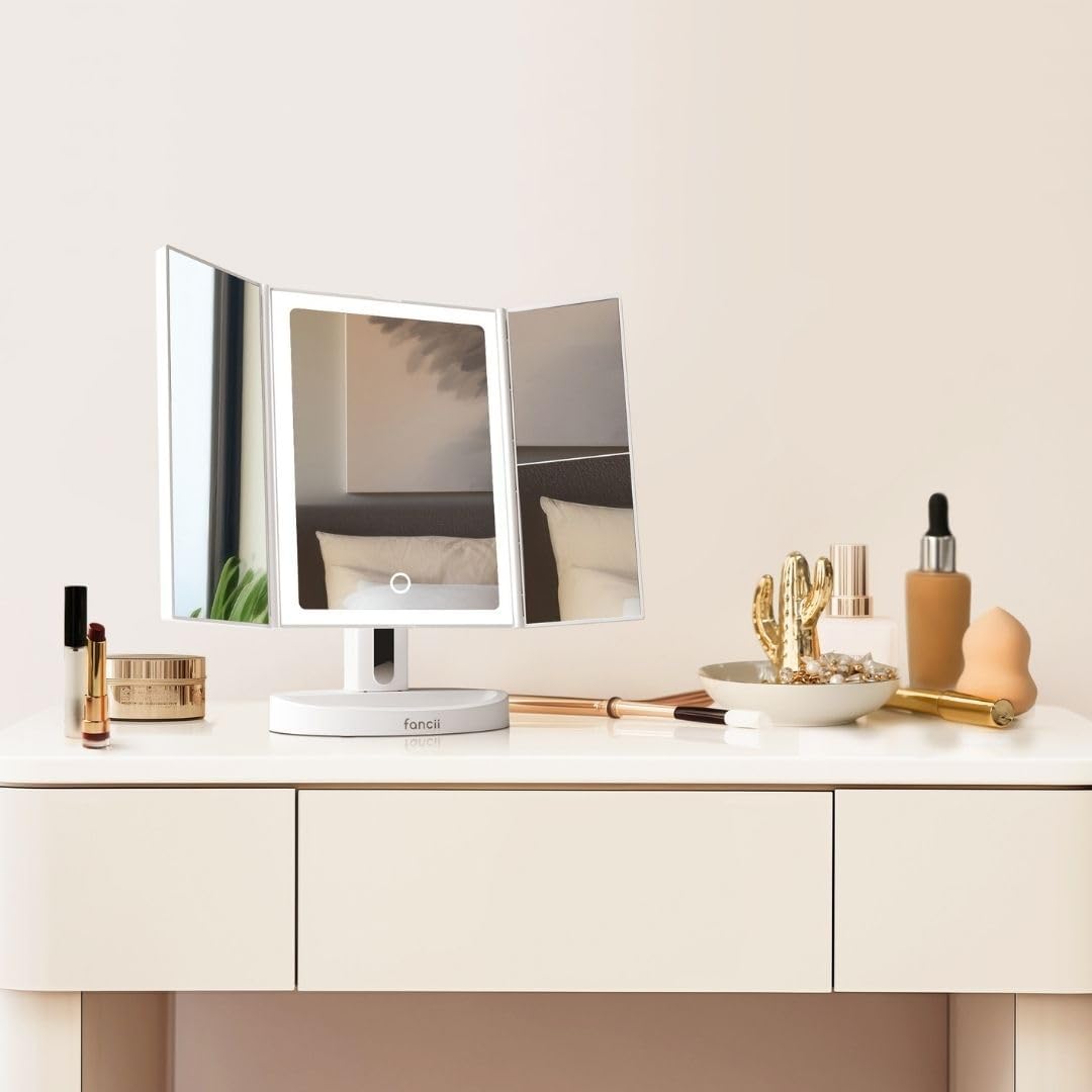 Fancii Rechargeable Trifold Makeup Mirror with 5X 10X Magnification