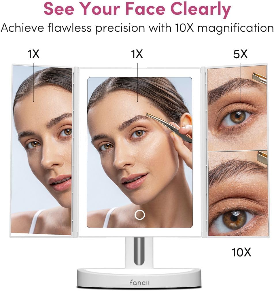 Fancii Rechargeable Trifold Makeup Mirror with 5X 10X Magnification