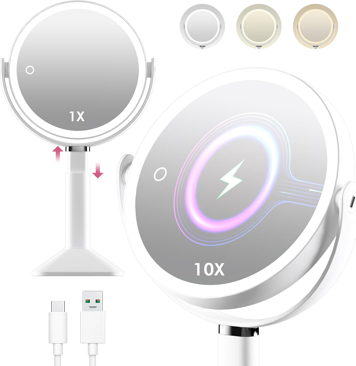 Glimmerx Makeup Mirror with 10X Lighted Dual-Sided Rechargeable Magnifying Mirror