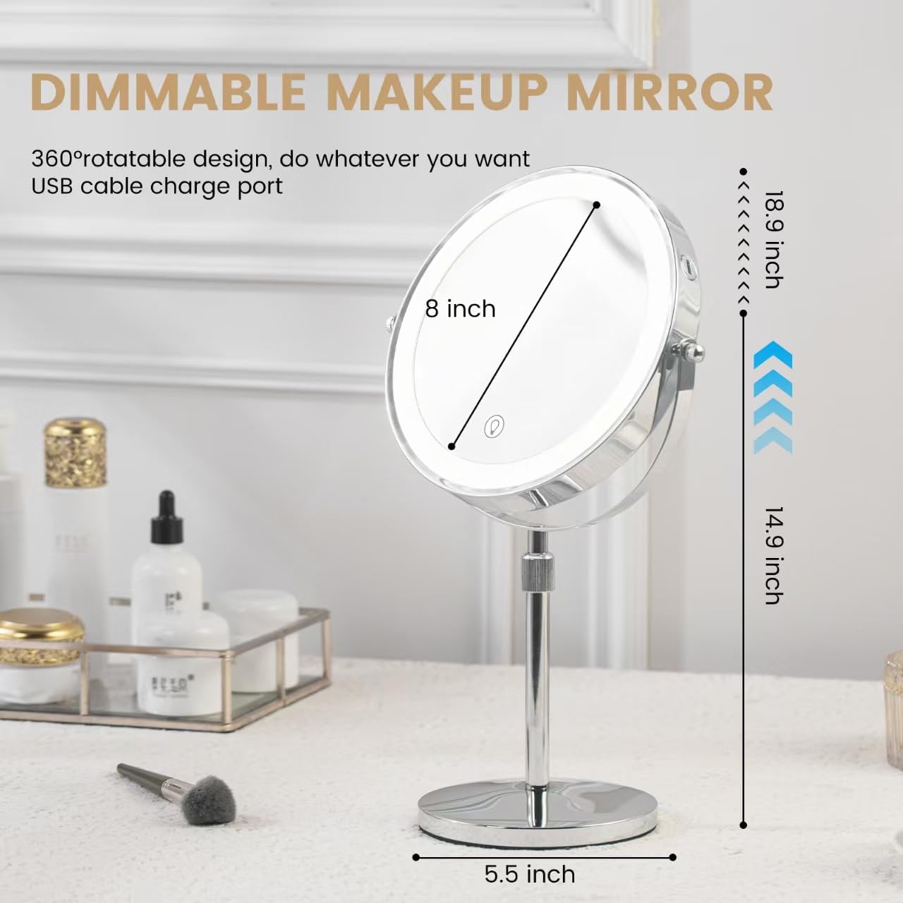 Cheating-Proof Makeup Mirror 10x Magnification 8-inch Height Adjustable 360 Rotatable