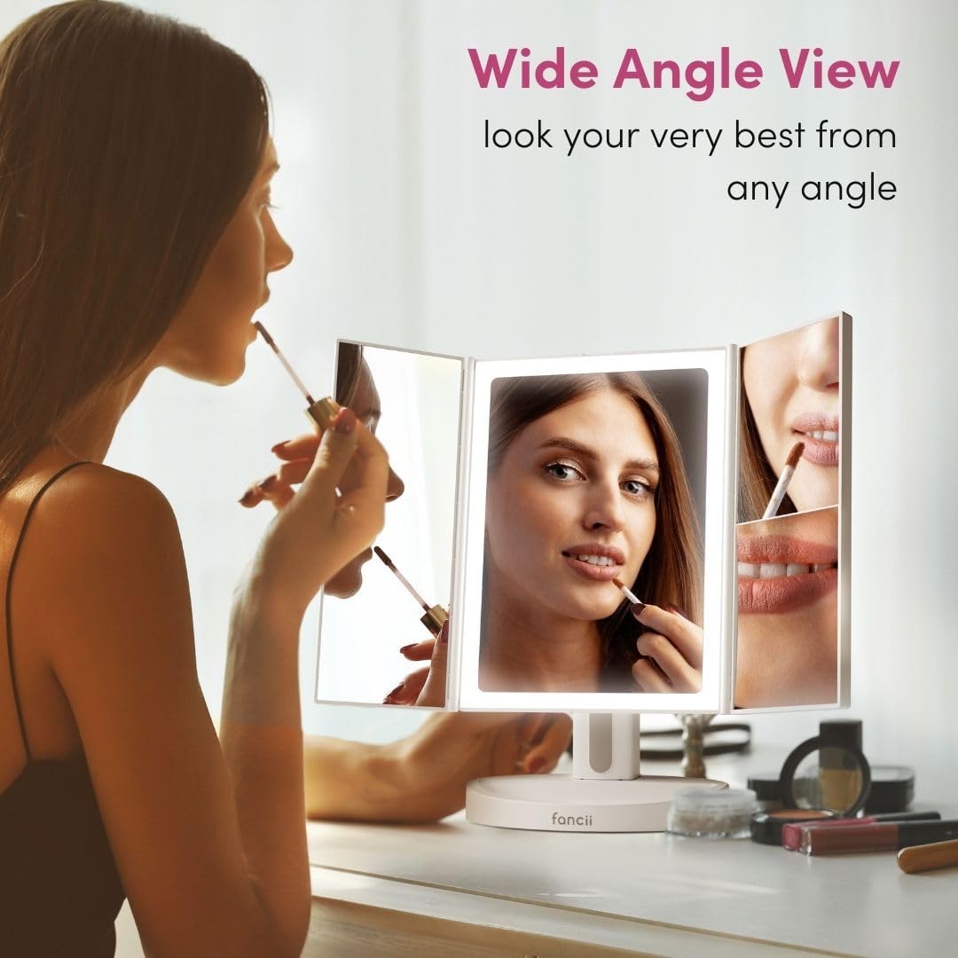 Fancii Rechargeable Trifold Makeup Mirror with 5X 10X Magnification