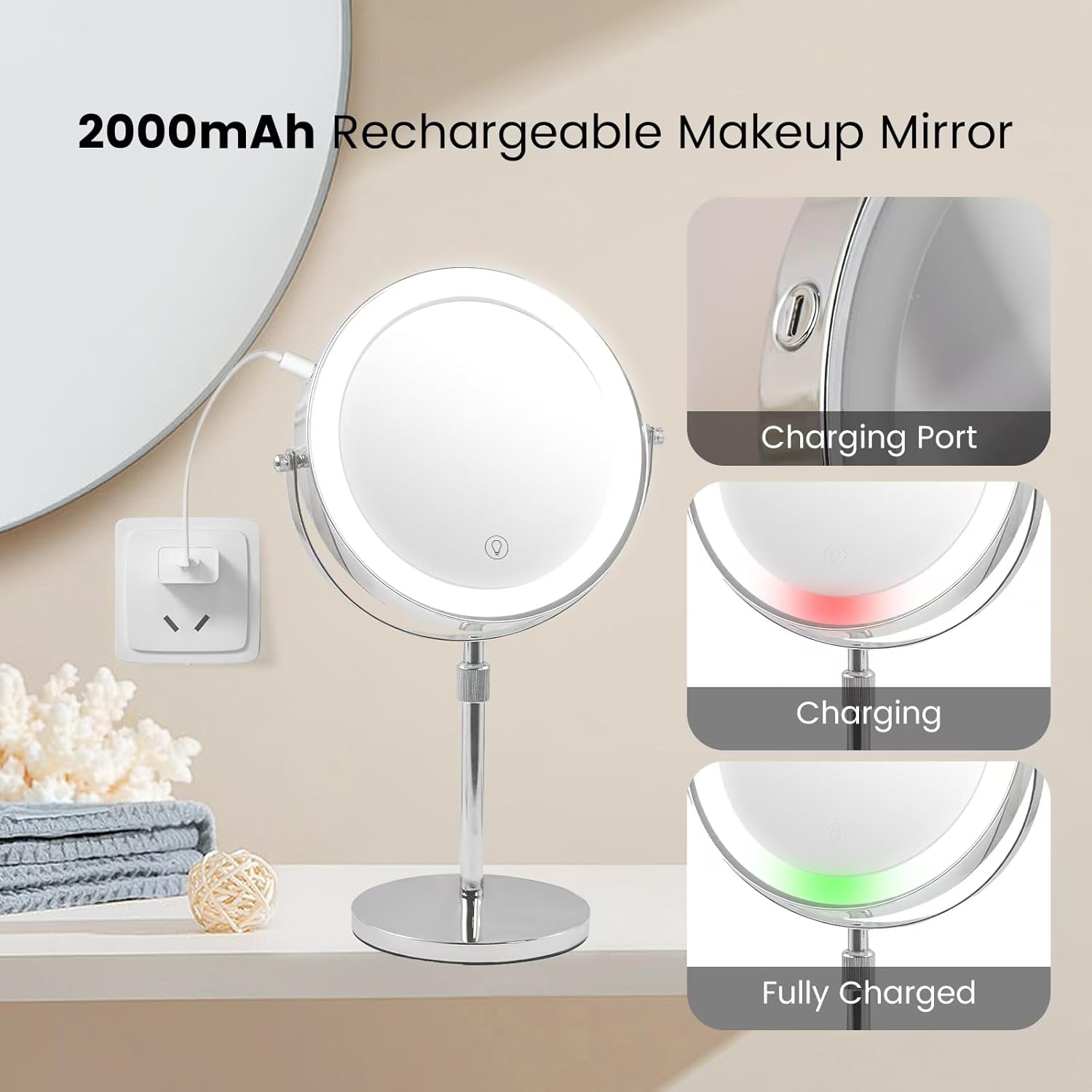 Cheating-Proof Makeup Mirror 10x Magnification 8-inch Height Adjustable 360 Rotatable