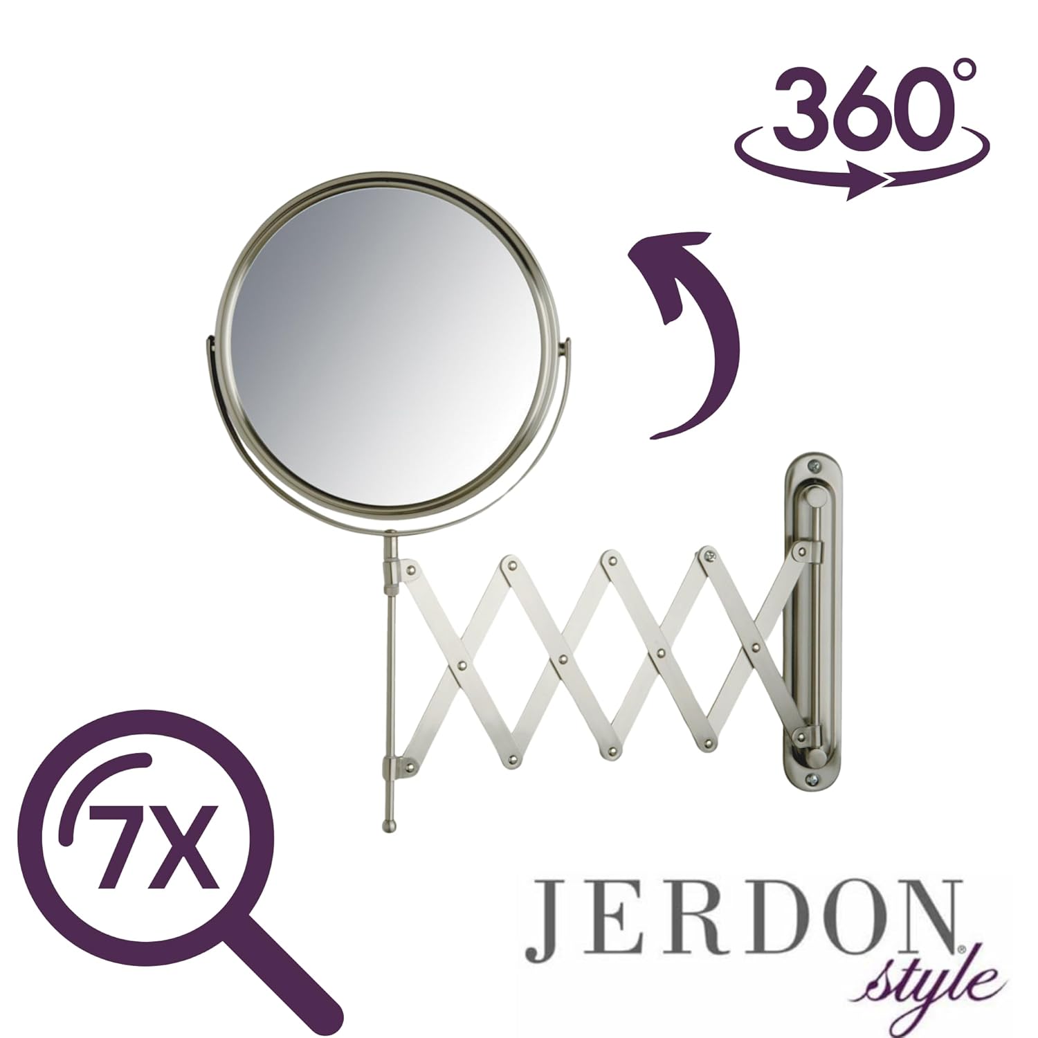 JERDON Two-Sided Wall-Mounted Makeup Mirror with 7X Magnification