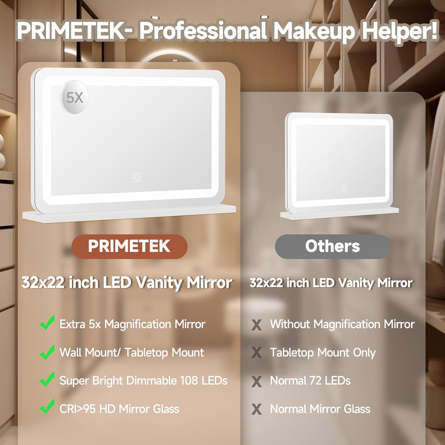 PRIMETEK Large Vanity Mirror with Lights 32x22