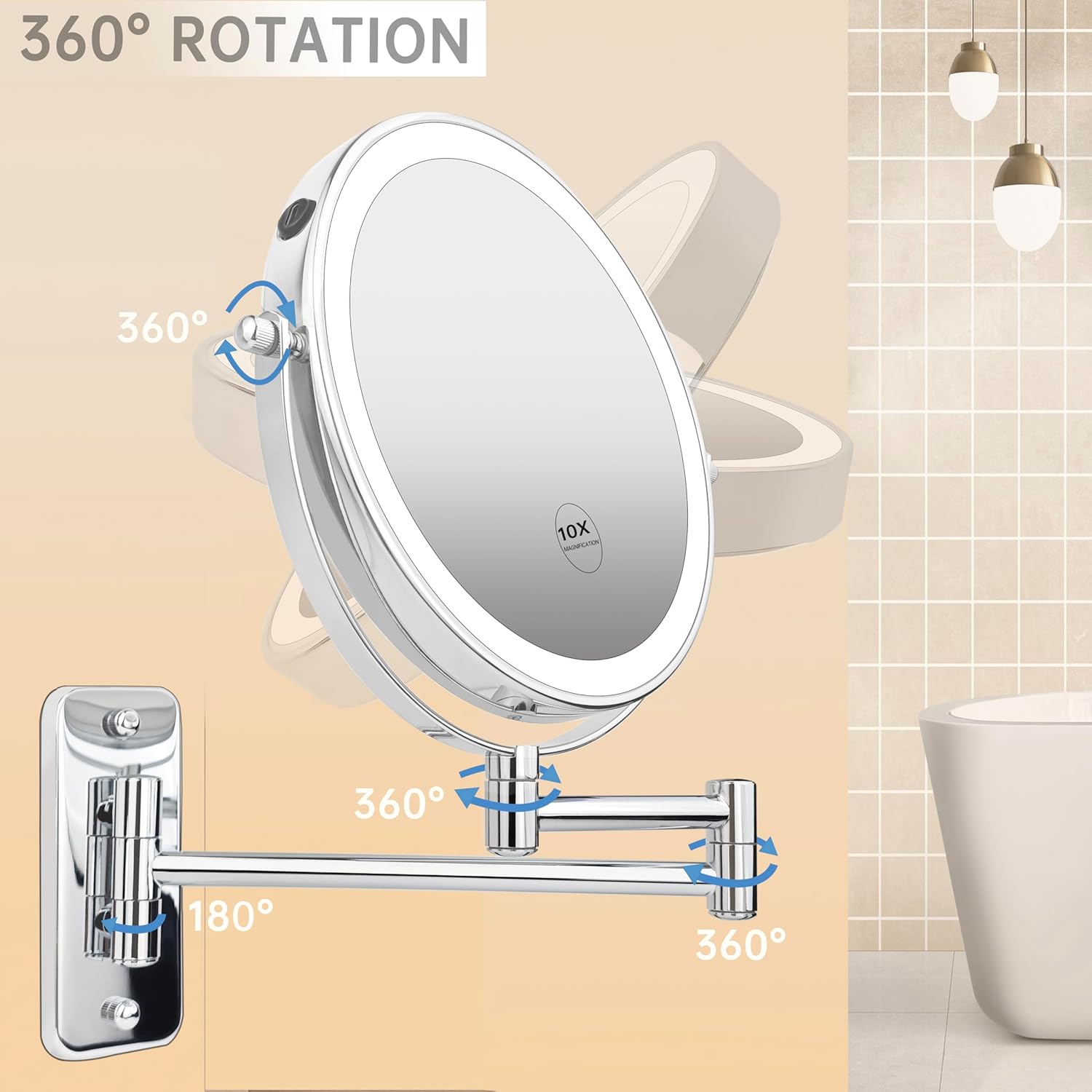 JANEEVA 10X Wall-Mounted Makeup Mirror with Rechargeable Battery