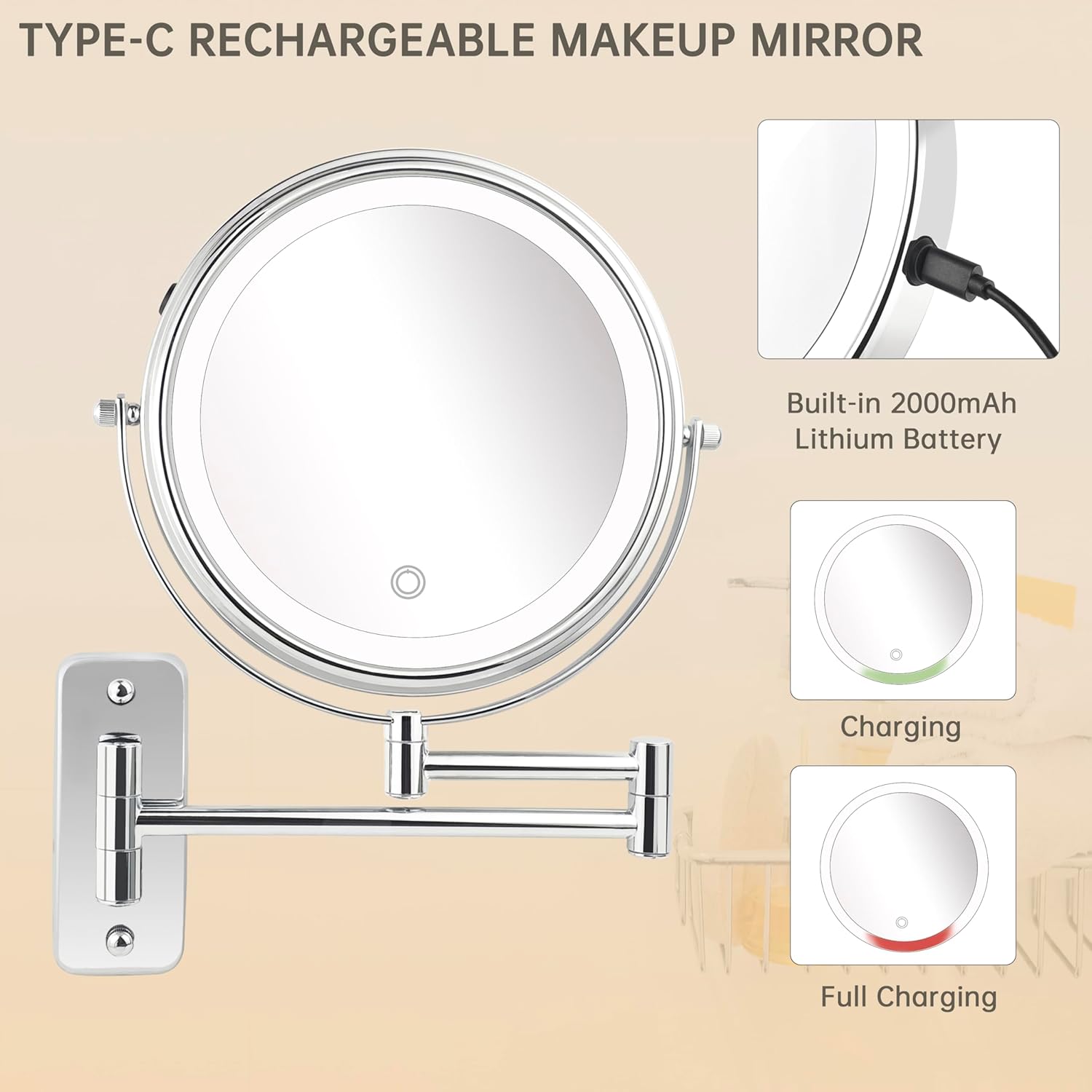 JANEEVA 10X Wall-Mounted Makeup Mirror with Rechargeable Battery