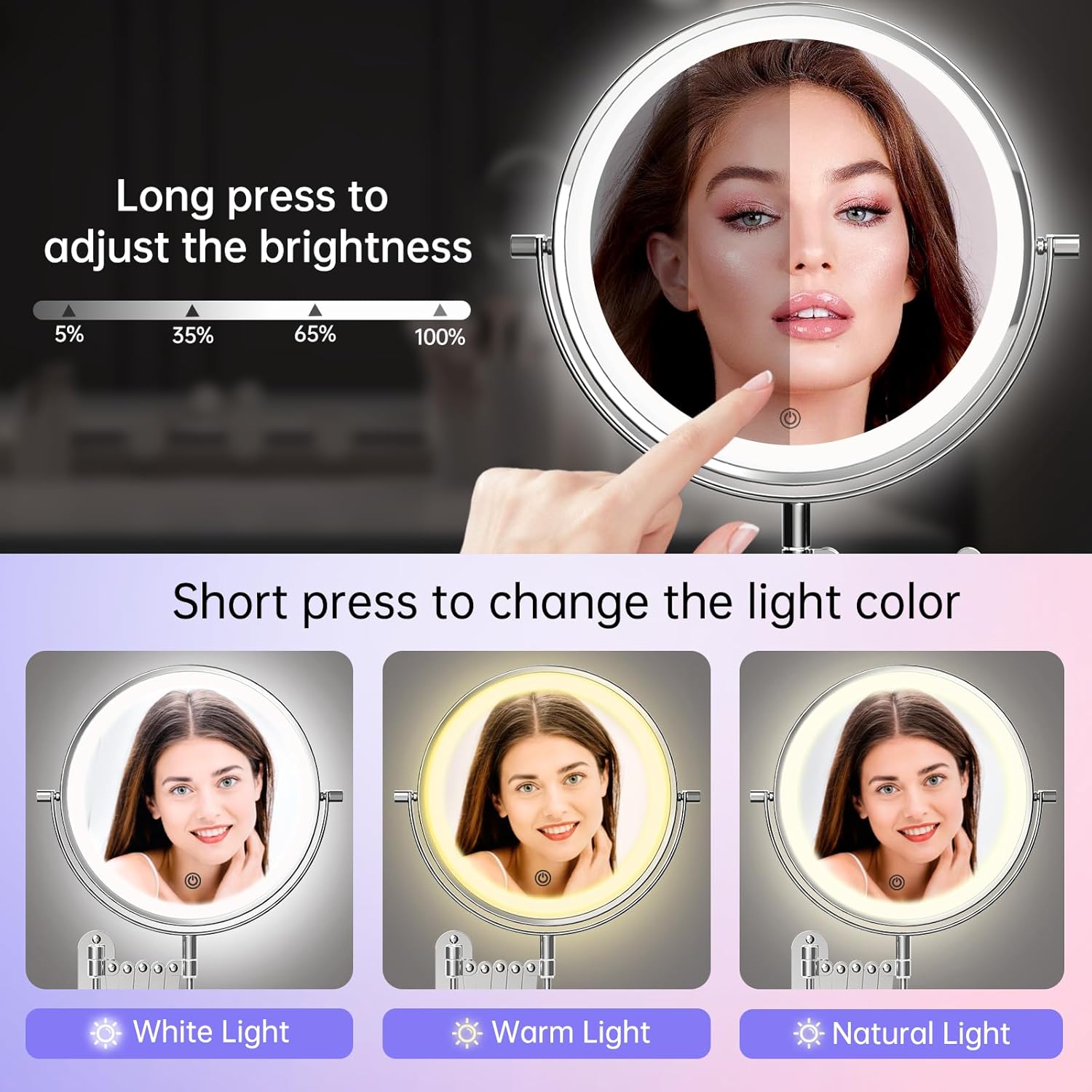 Rechargeable Wall-Mounted Makeup Mirror with Lights