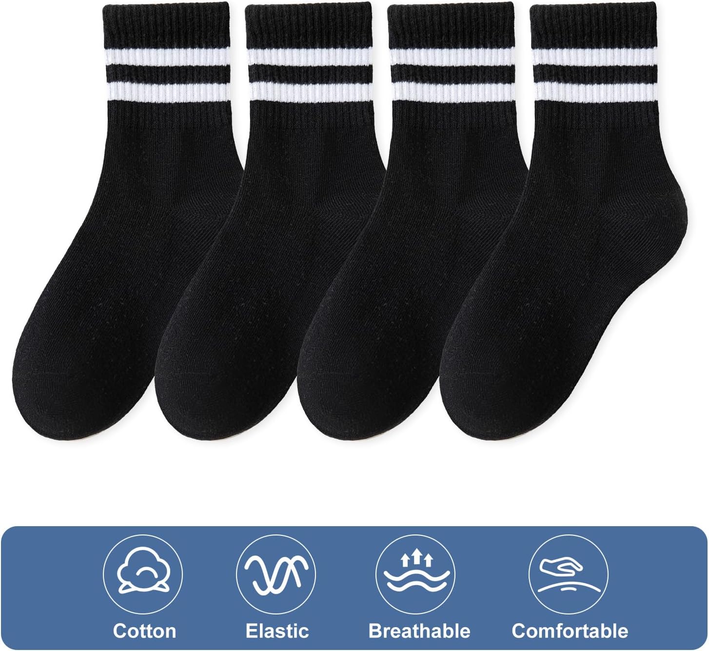 BONANGEL Kids Crew Socks 4 Pairs White Black