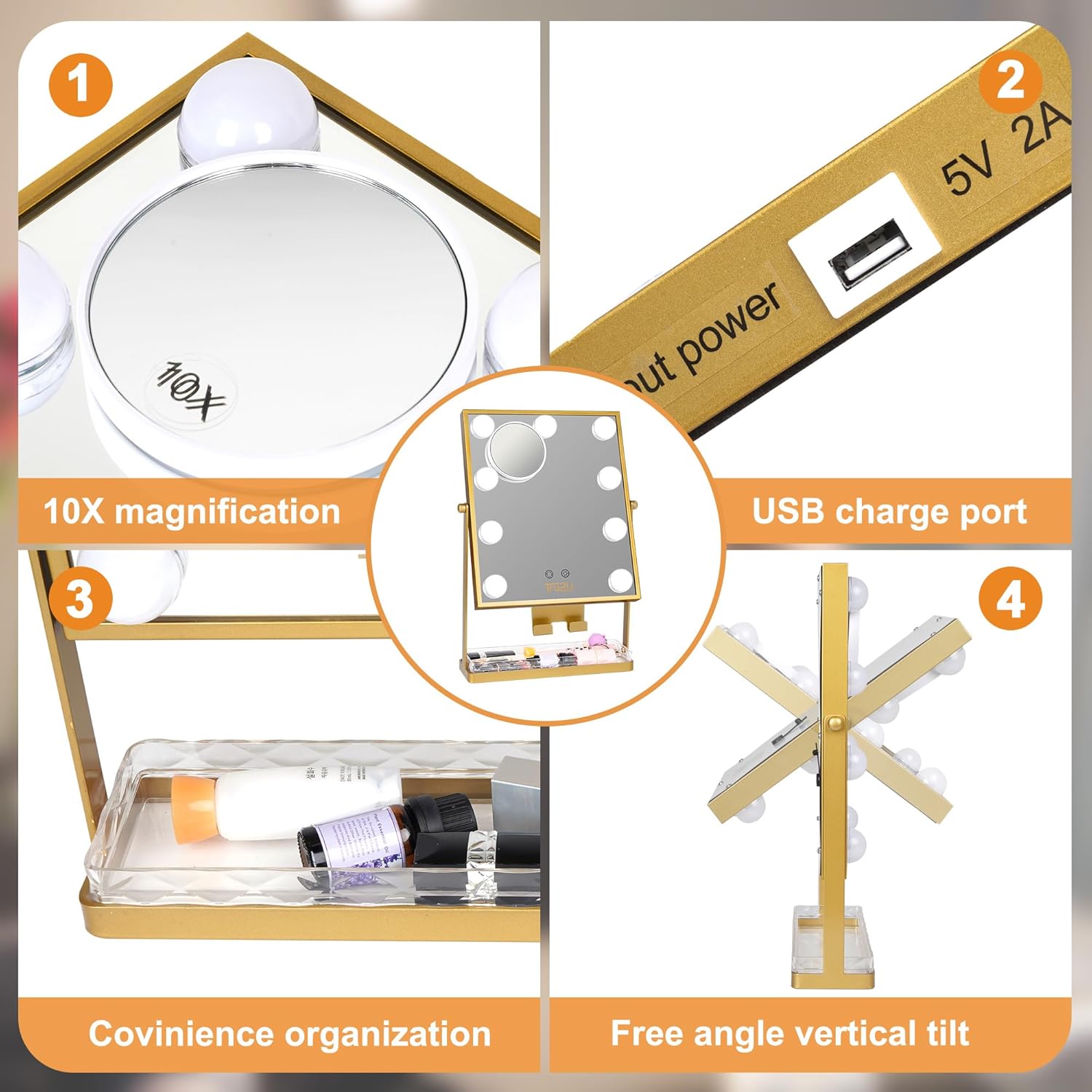 Adjustable - 10X Magnification LED Makeup Mirror with Storage