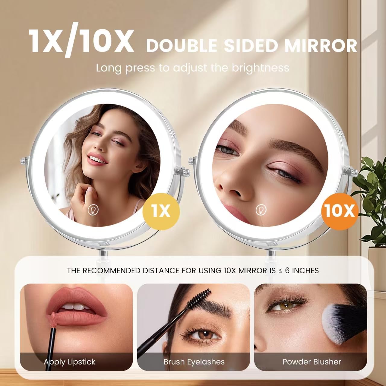 Cheating-Proof Makeup Mirror 10x Magnification 8-inch Height Adjustable 360 Rotatable