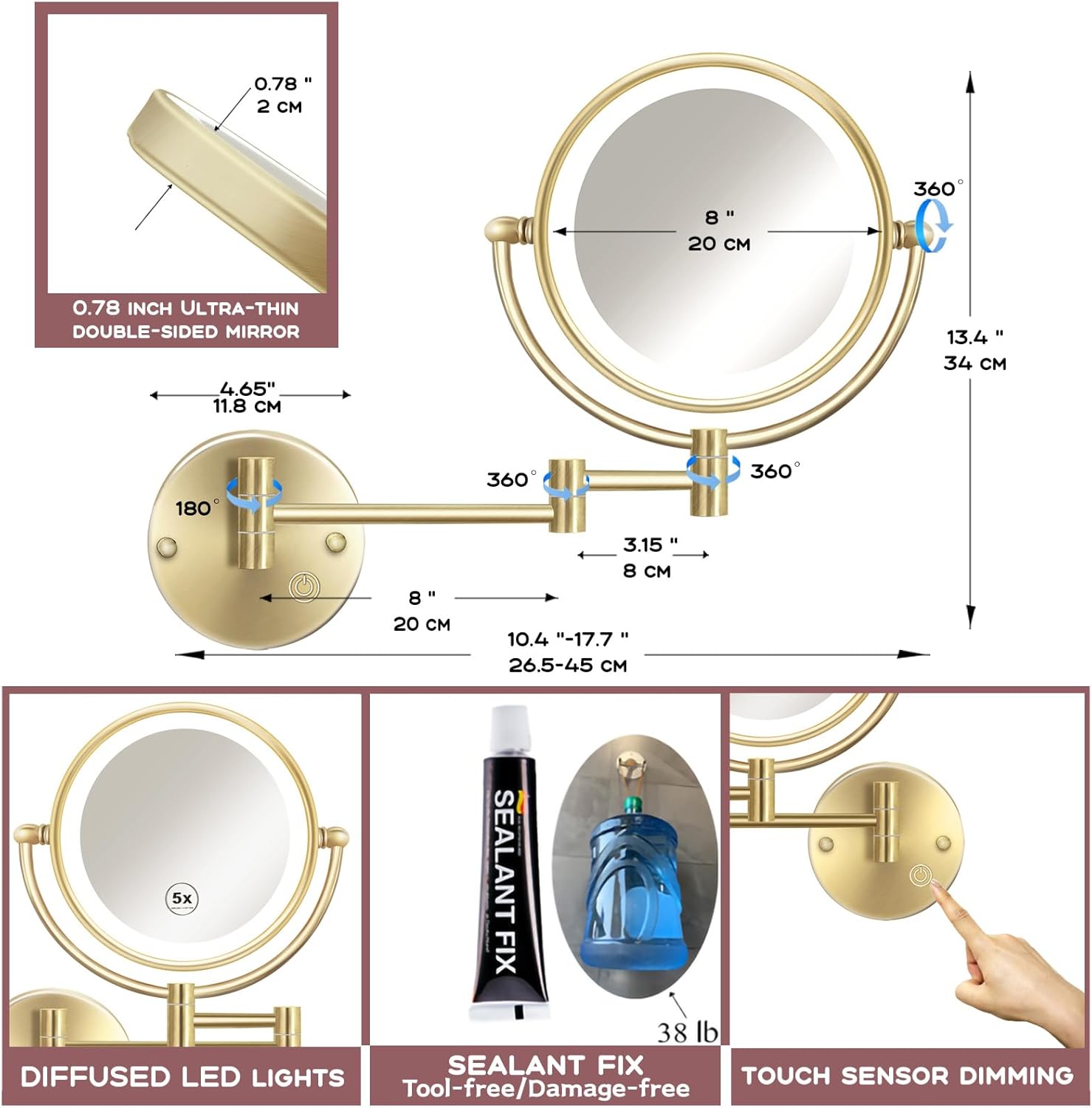 Lighted Double-Sided 15X Gold Makeup Mirror