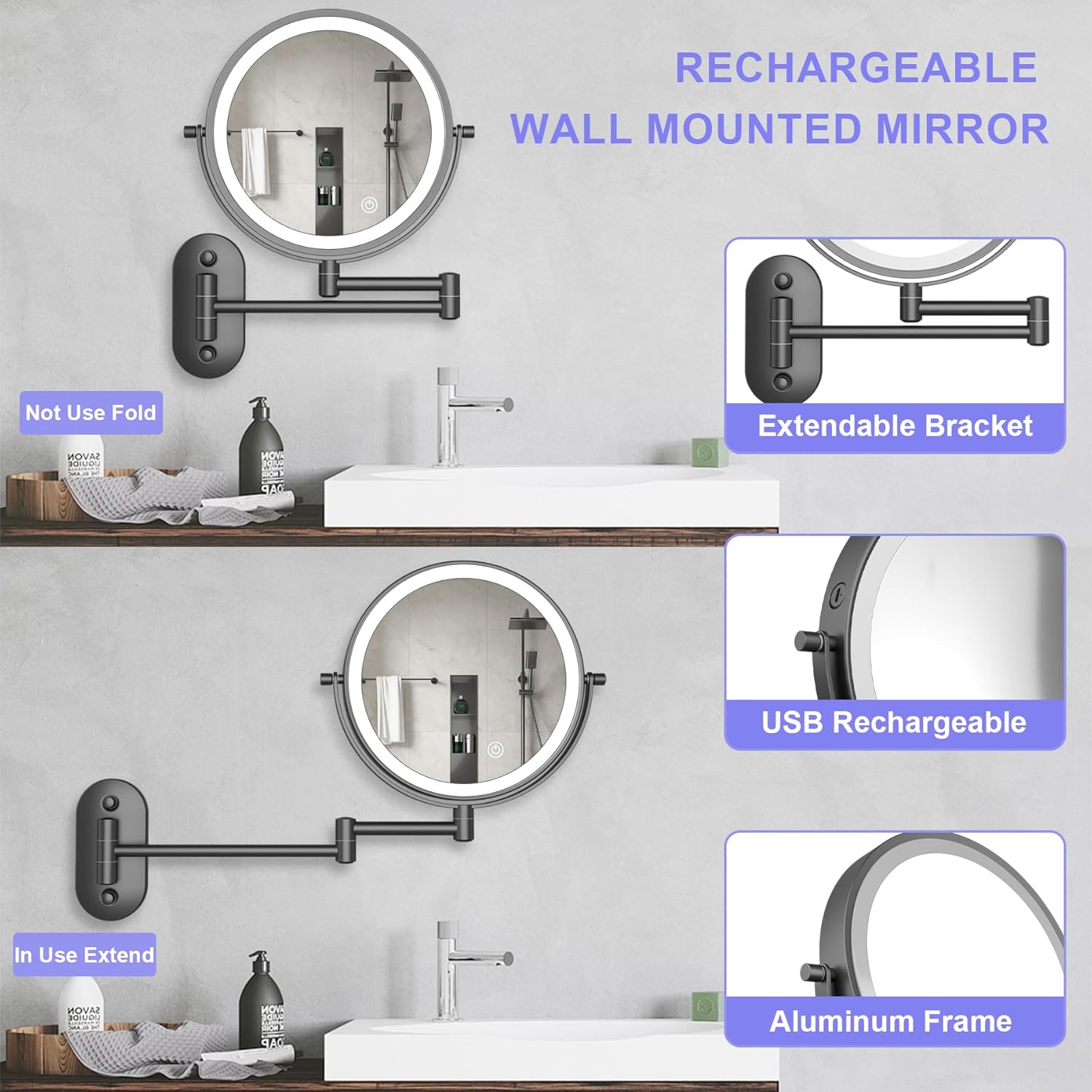 8 Inch Rechargeable Wall Mounted Makeup Mirror With Lights