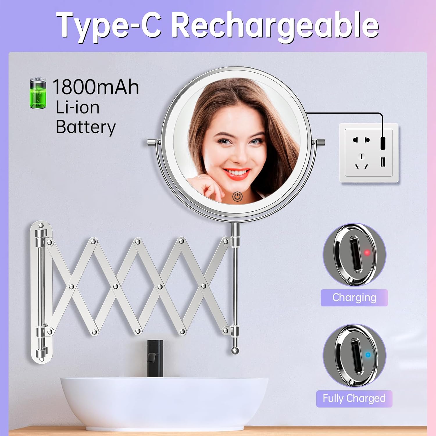 Rechargeable Wall-Mounted Makeup Mirror with Lights