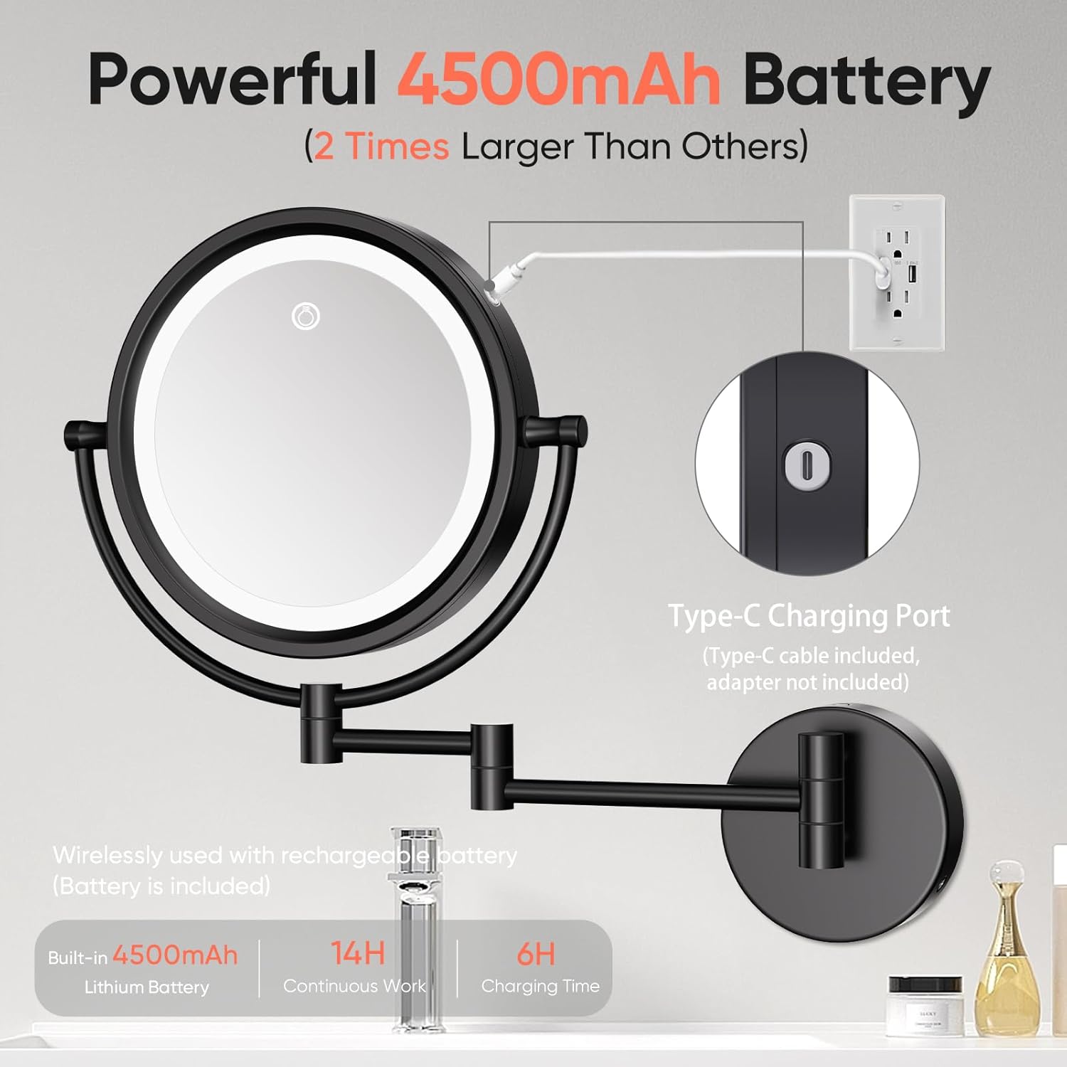 GURUN 10X Magnifying Mirror Wall-Mounted with LED Lighting