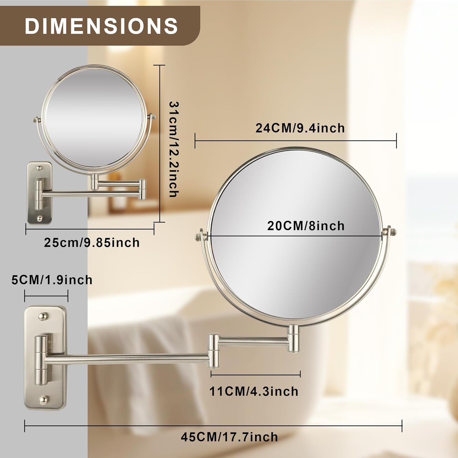 JANEEVA 1X10X Magnifying Wall Mirror 360 Arm