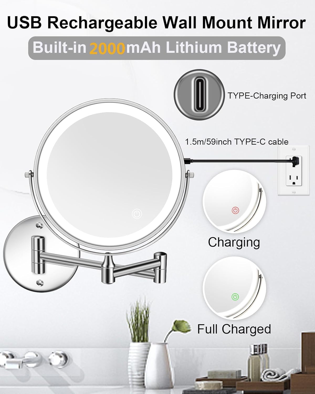 Elegant 8 Double-Sided Rechargeable Makeup Mirror