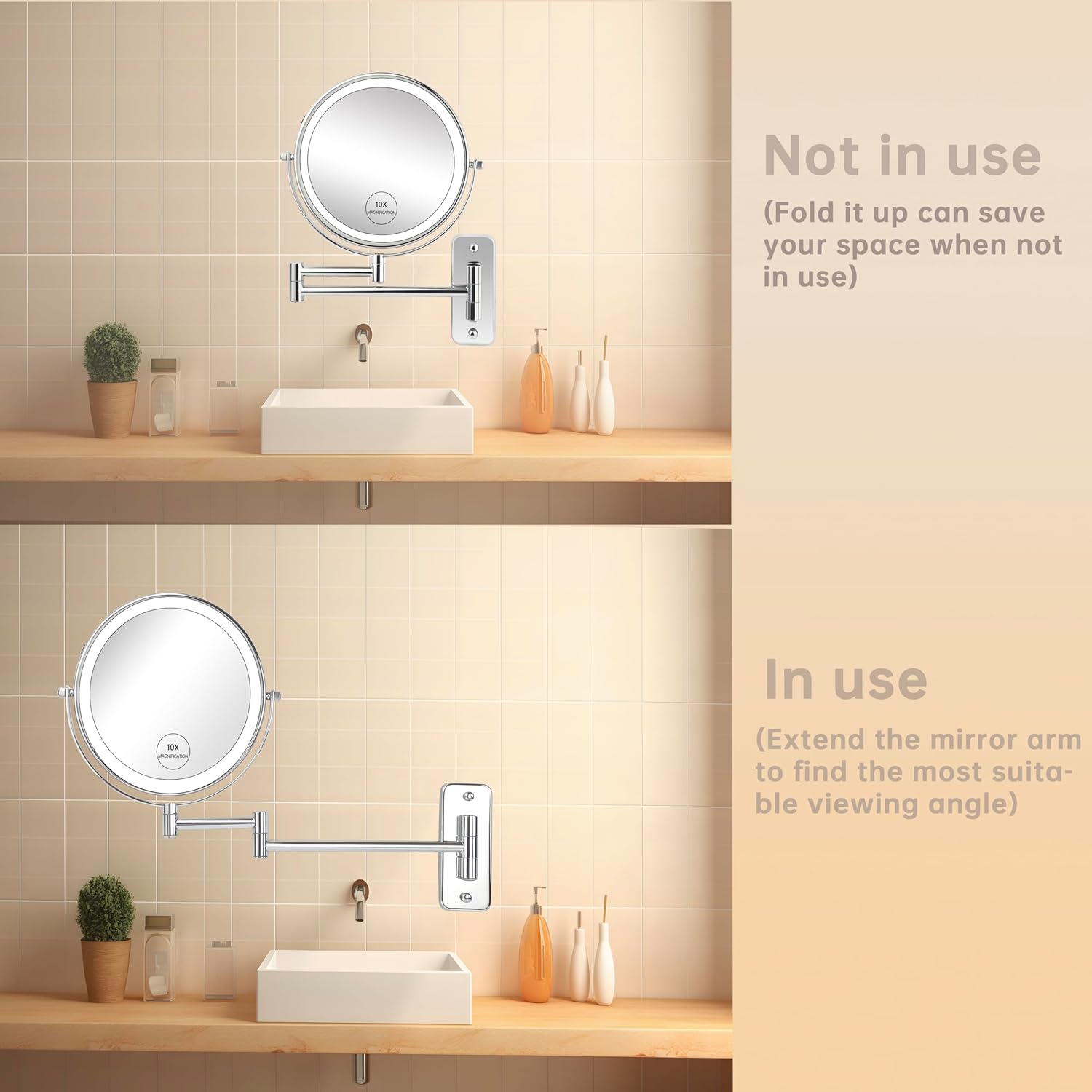 JANEEVA 10X Wall-Mounted Makeup Mirror with Rechargeable Battery