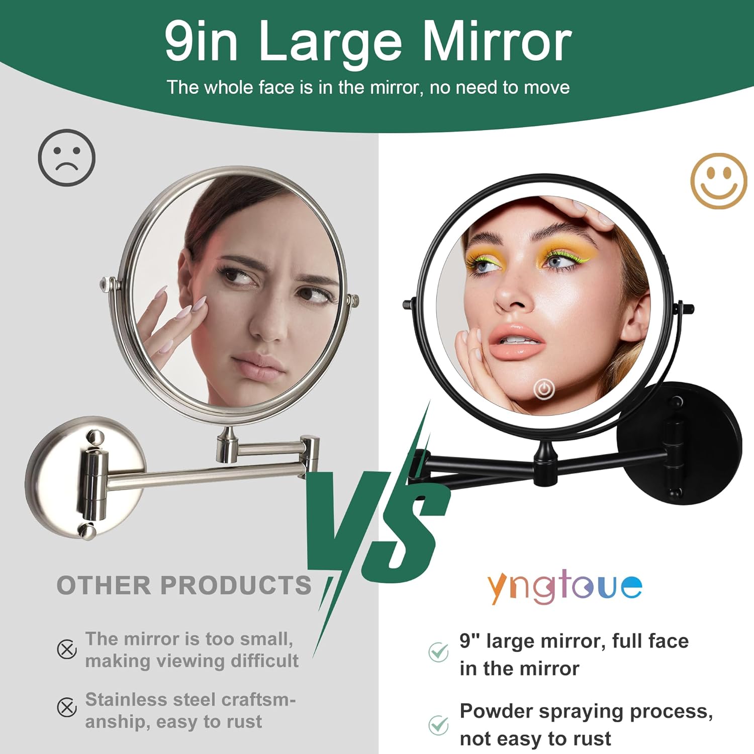 9 Inch Wall Mounted Makeup Mirror with Light and 10X Magnifying Glass
