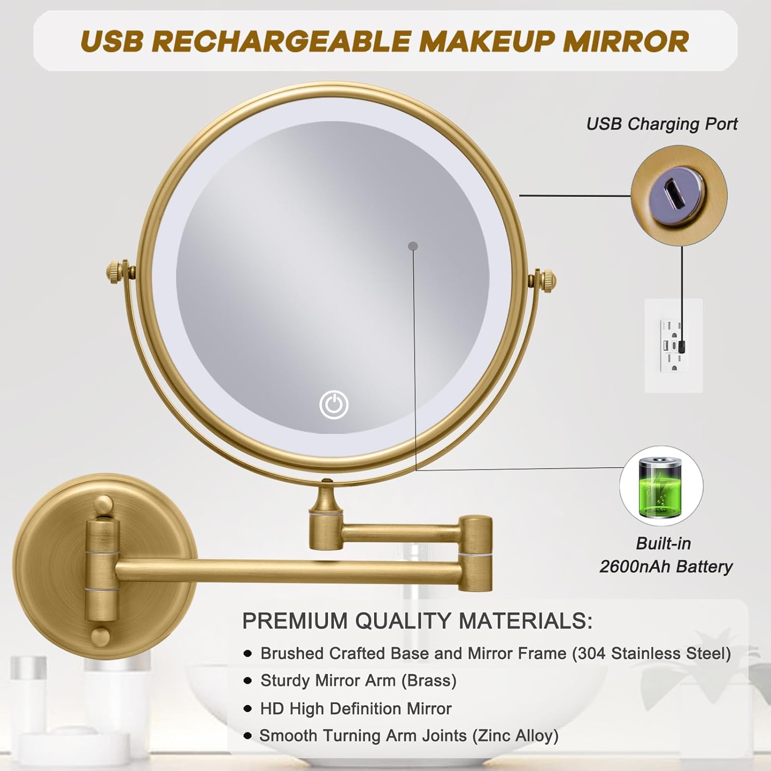 Wall-Mounted Rechargeable Lighted Makeup Mirror