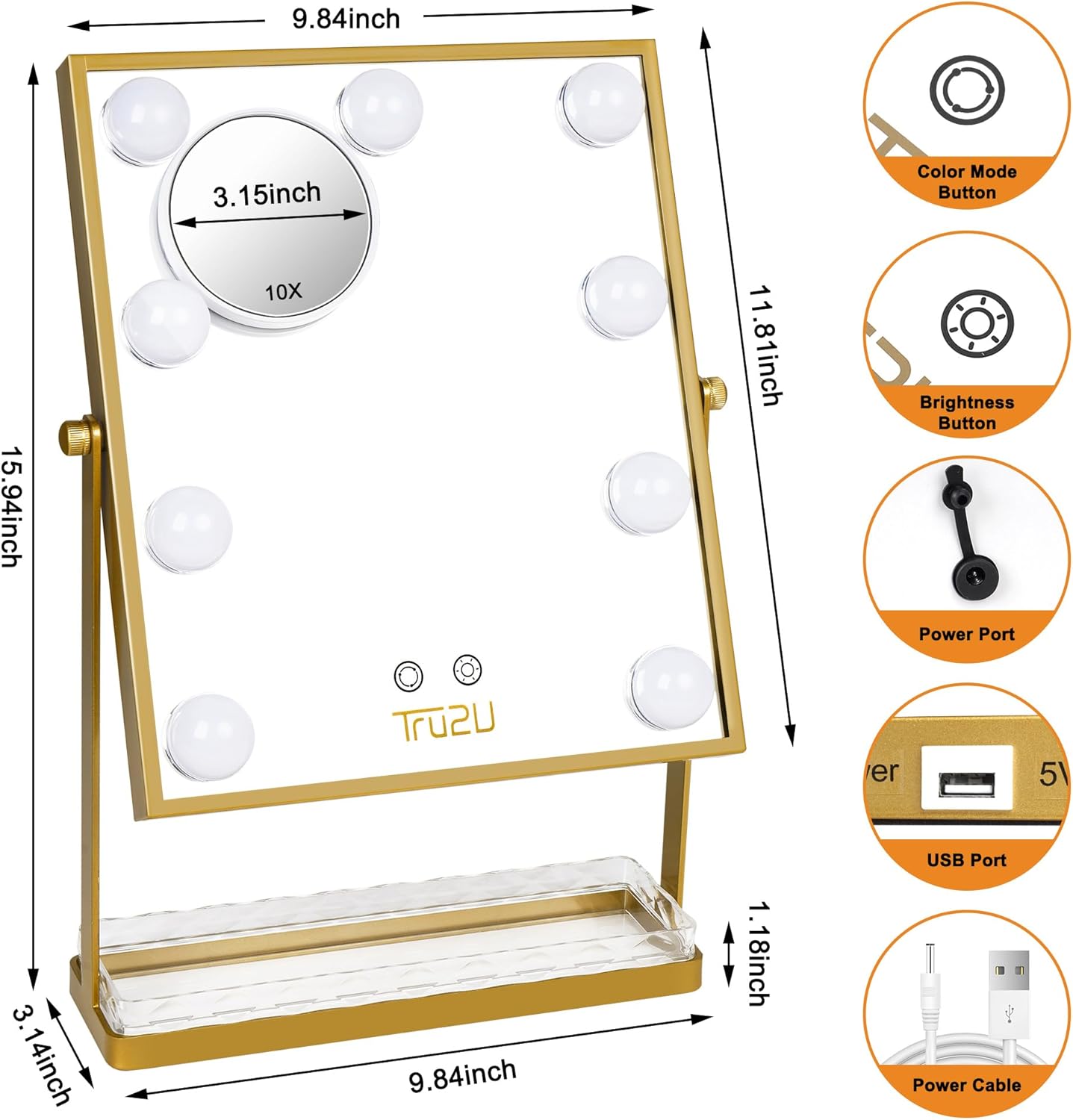 Adjustable - 10X Magnification LED Makeup Mirror with Storage