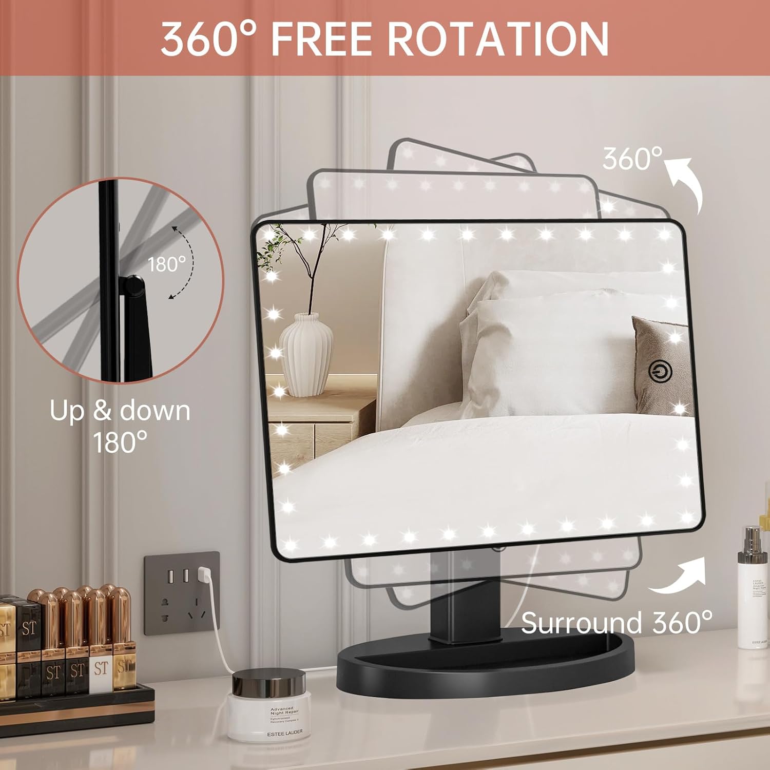 FUNTOUCH Large Lighted Vanity Makeup Mirror with LED Lights and 10X Magnification