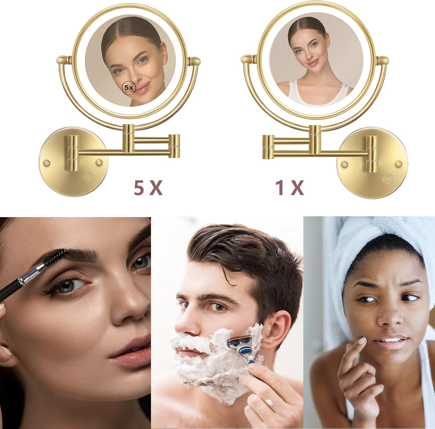 Lighted Double-Sided 15X Gold Makeup Mirror