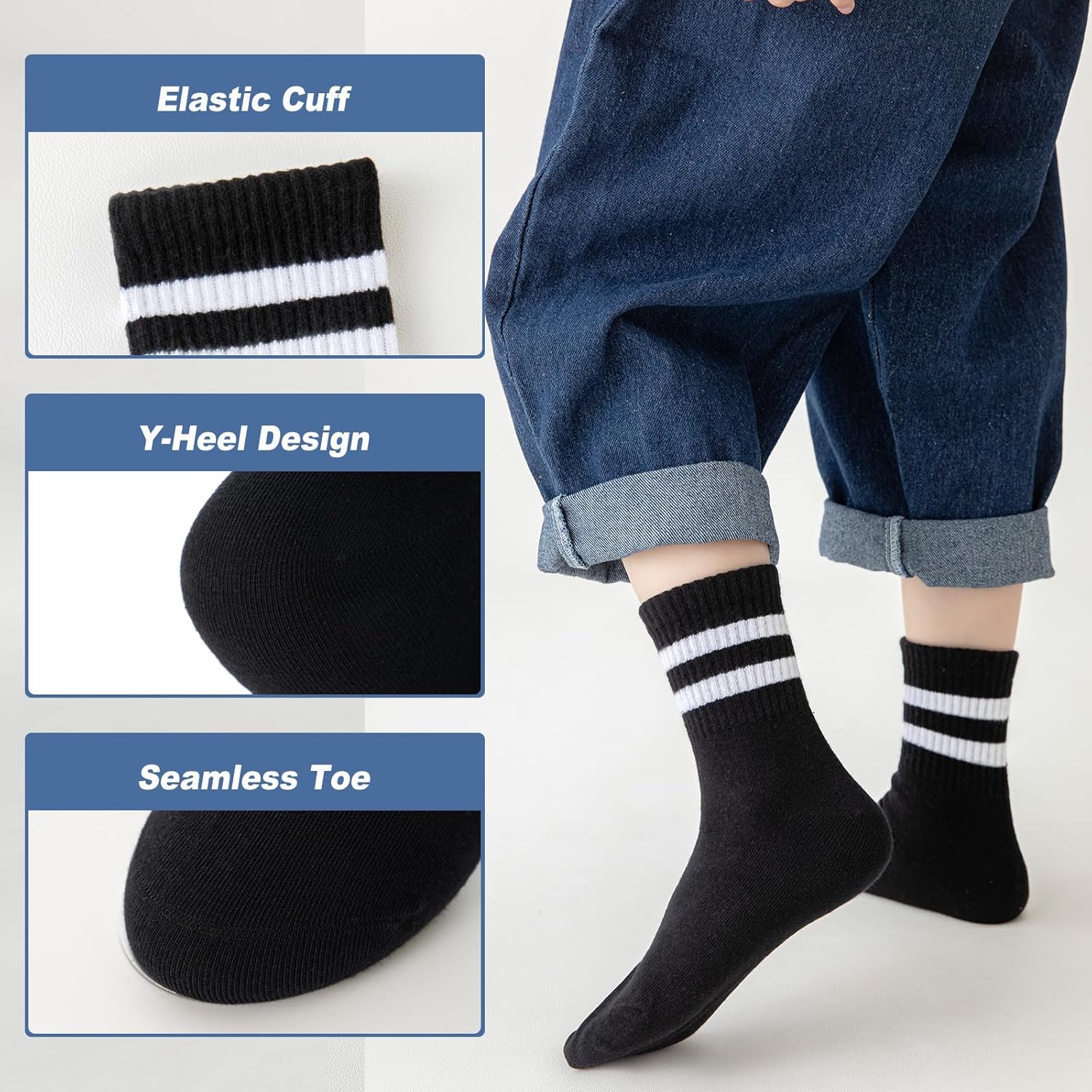 BONANGEL Kids Crew Socks 4 Pairs White Black