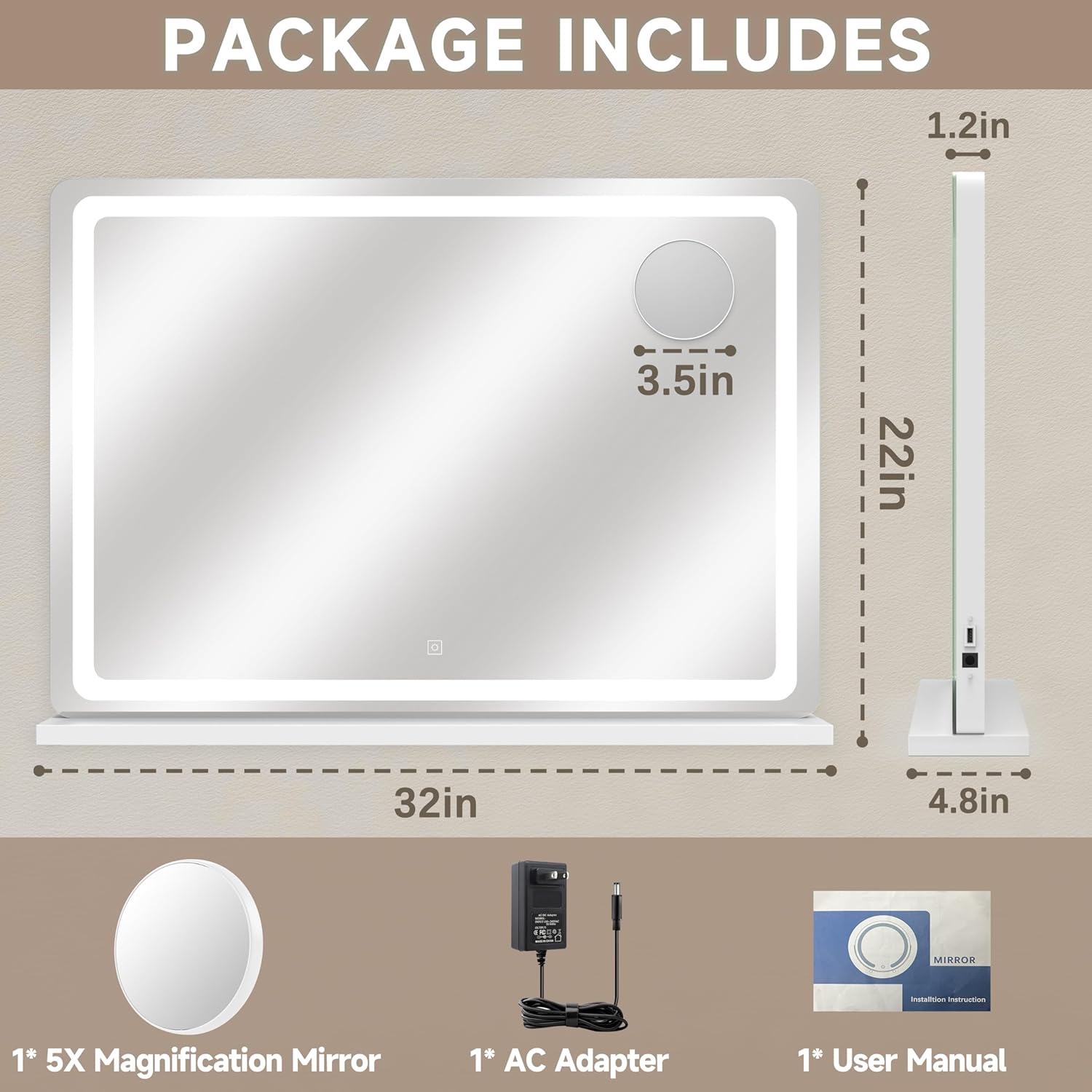 PRIMETEK Large Vanity Mirror with Lights 32x22