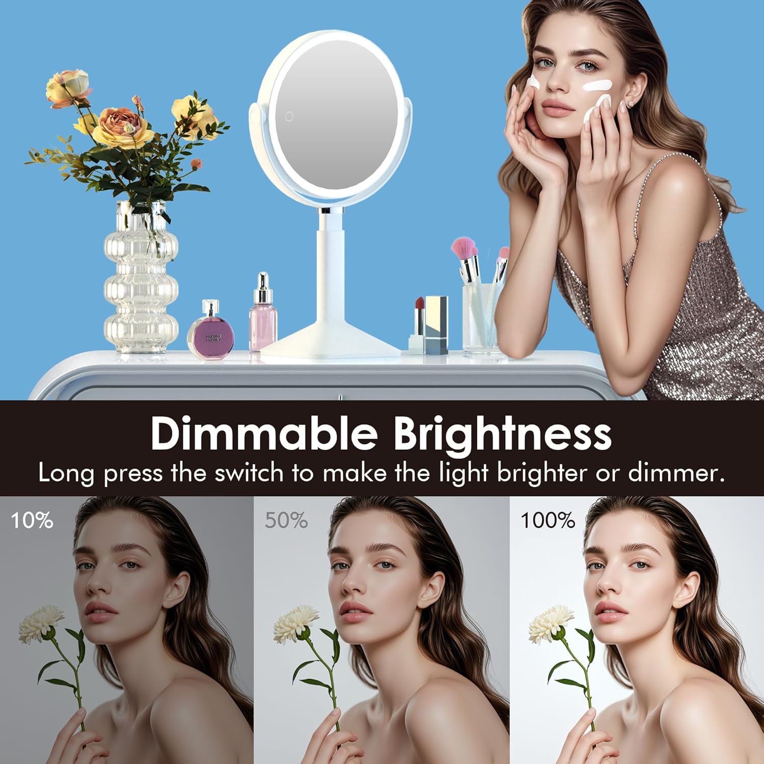 Glimmerx Makeup Mirror with 10X Lighted Dual-Sided Rechargeable Magnifying Mirror