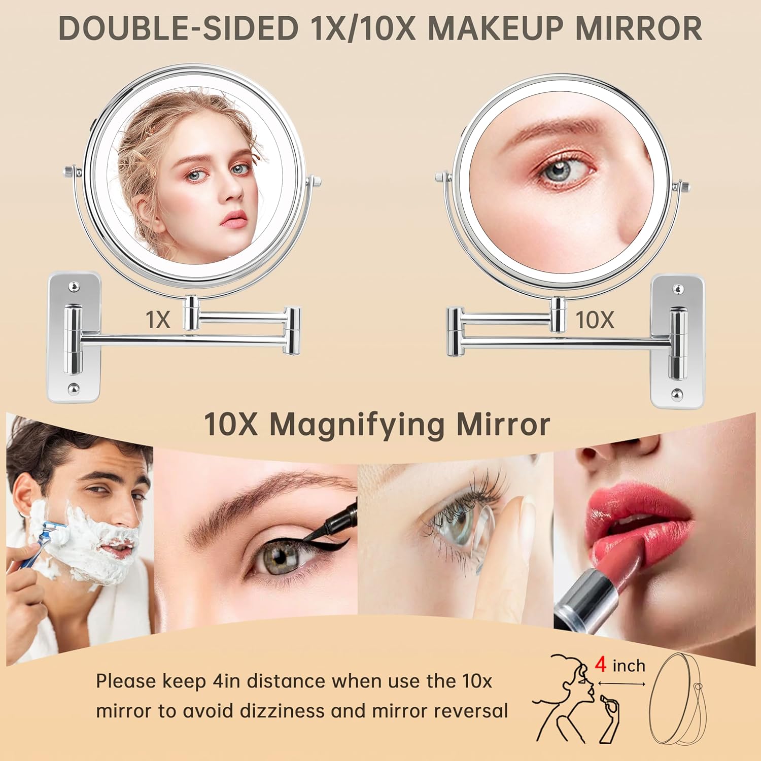 JANEEVA 10X Wall-Mounted Makeup Mirror with Rechargeable Battery
