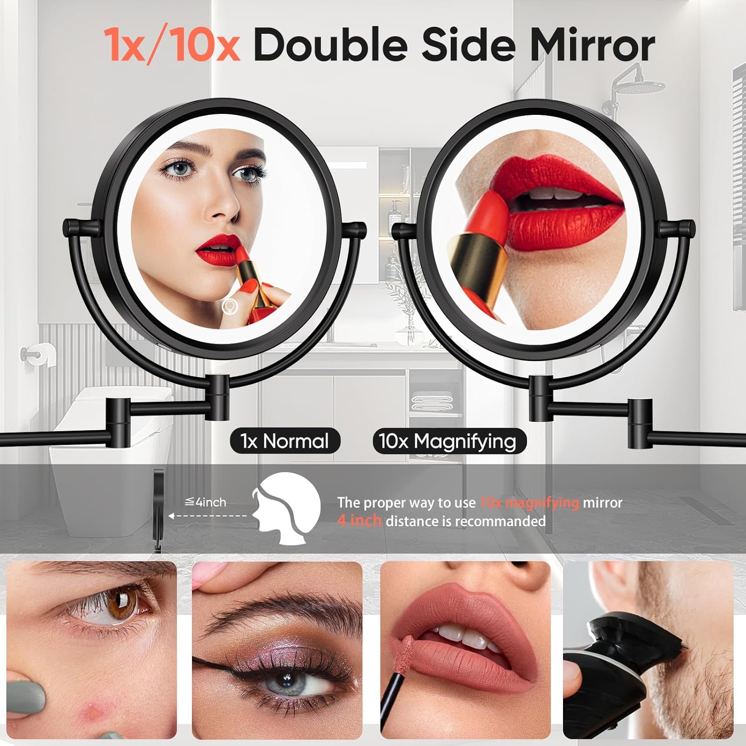GURUN 10X Magnifying Mirror Wall-Mounted with LED Lighting