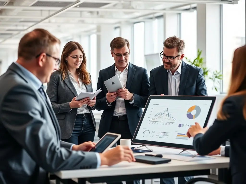 An image showcasing a team of consultants working on a digital transformation strategy with a client, brainstorming ideas and using digital devices to illustrate their points.