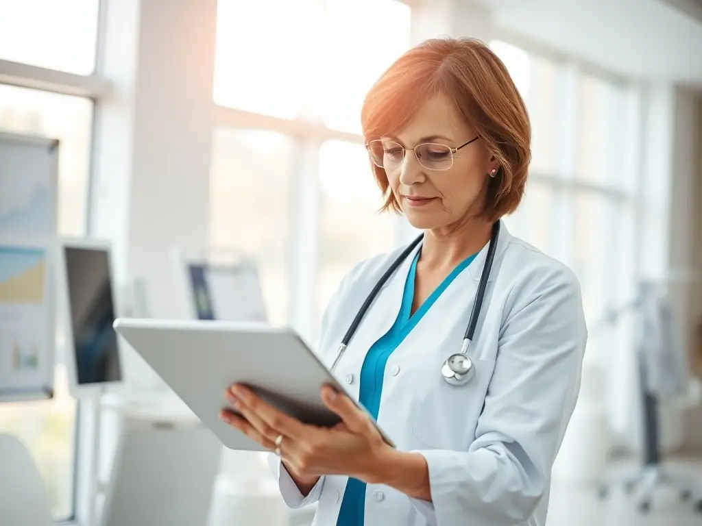 A doctor using a tablet to review patient data, with a focus on secure data transmission and advanced diagnostic tools. The image should evoke trust and technological advancement in healthcare.