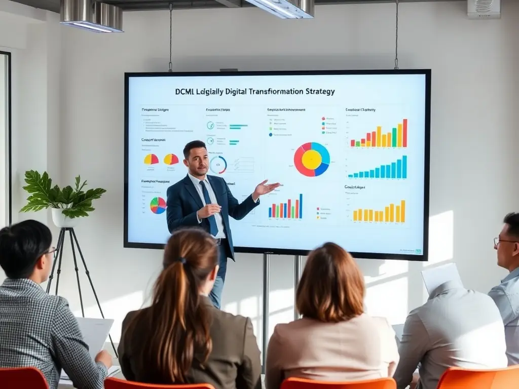 A consultant is presenting a digital transformation strategy to a client in a modern office setting. The image should convey professionalism and innovation.