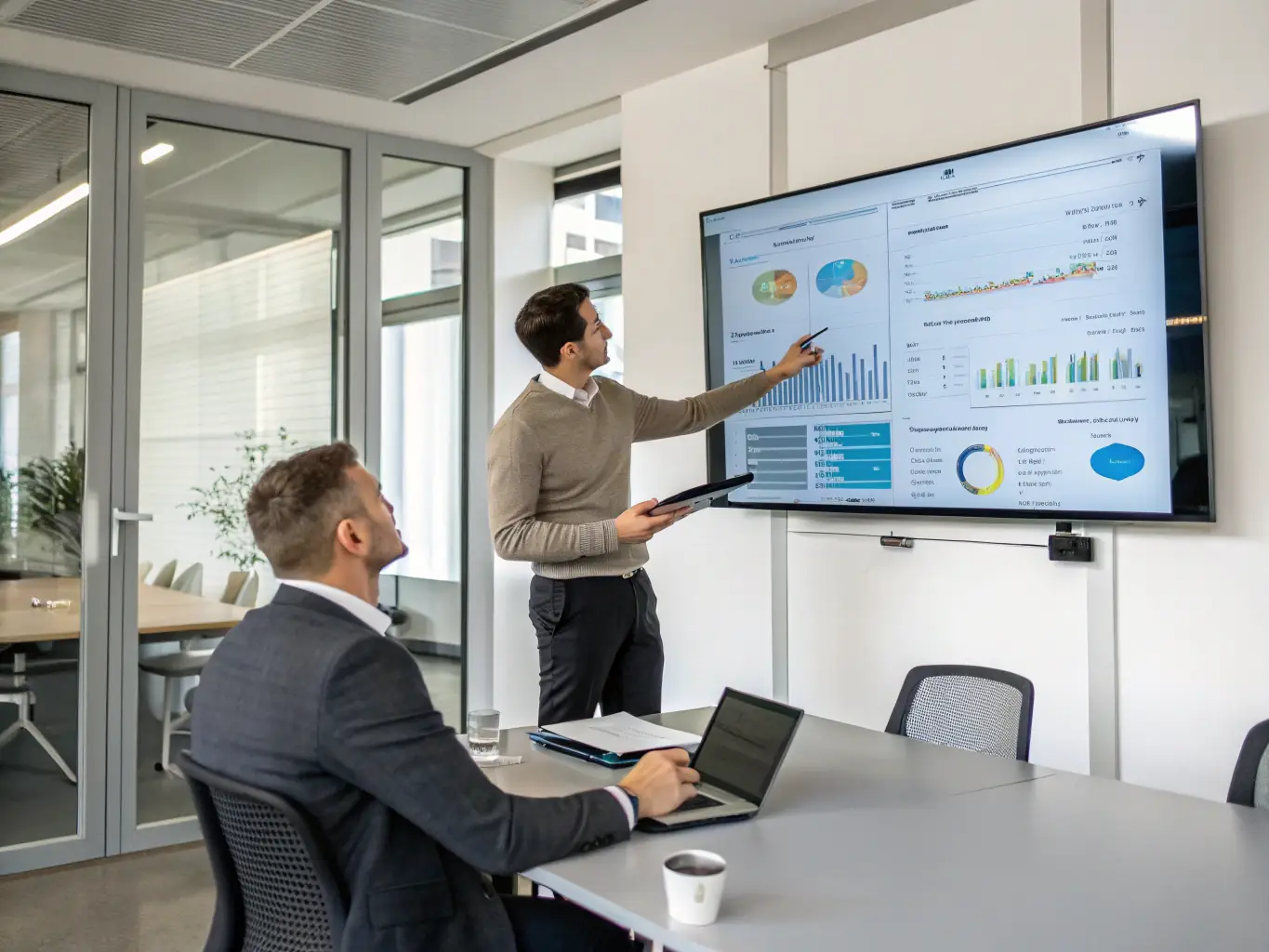 An image depicting a consultant presenting data analytics and insights to a client, highlighting key performance indicators and strategic recommendations.
