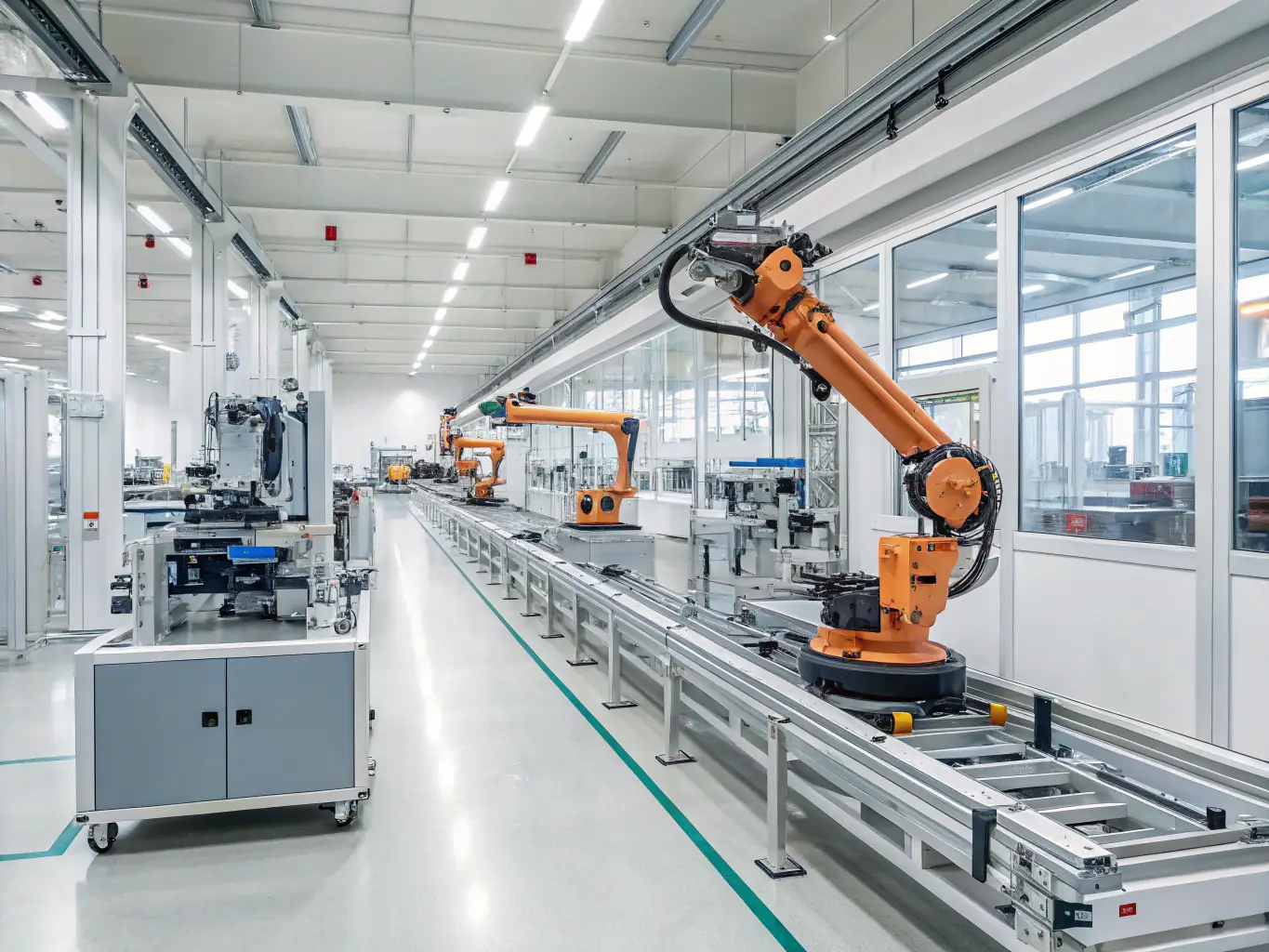 A modern manufacturing plant with automated systems and robotic arms, symbolizing efficiency and technological advancement in the manufacturing industry. The image should convey precision and innovation.