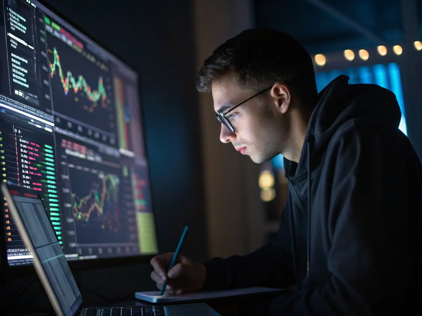 A cybersecurity expert is analyzing network traffic on a computer screen, highlighting potential threats and vulnerabilities. The image should convey security and expertise.