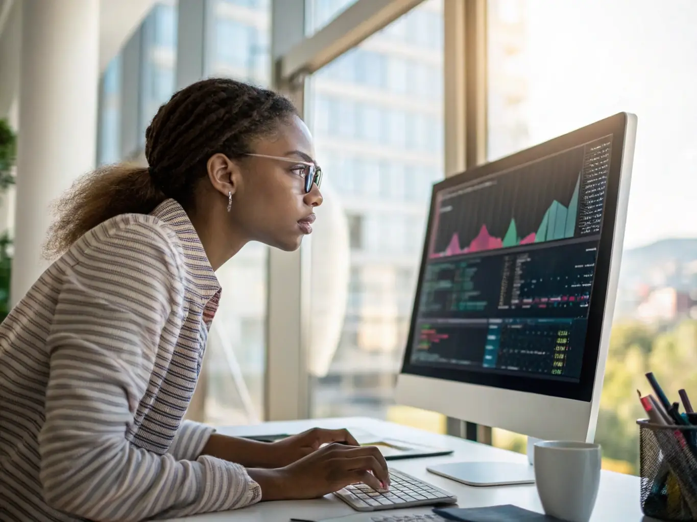 A data scientist is visualizing complex data sets on a large screen, identifying trends and insights. The image should convey data analysis and strategic decision-making.